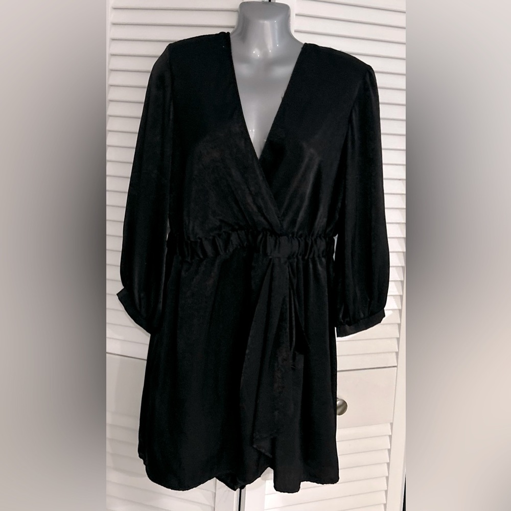 Zara black satin long sleeve shorts romper size large